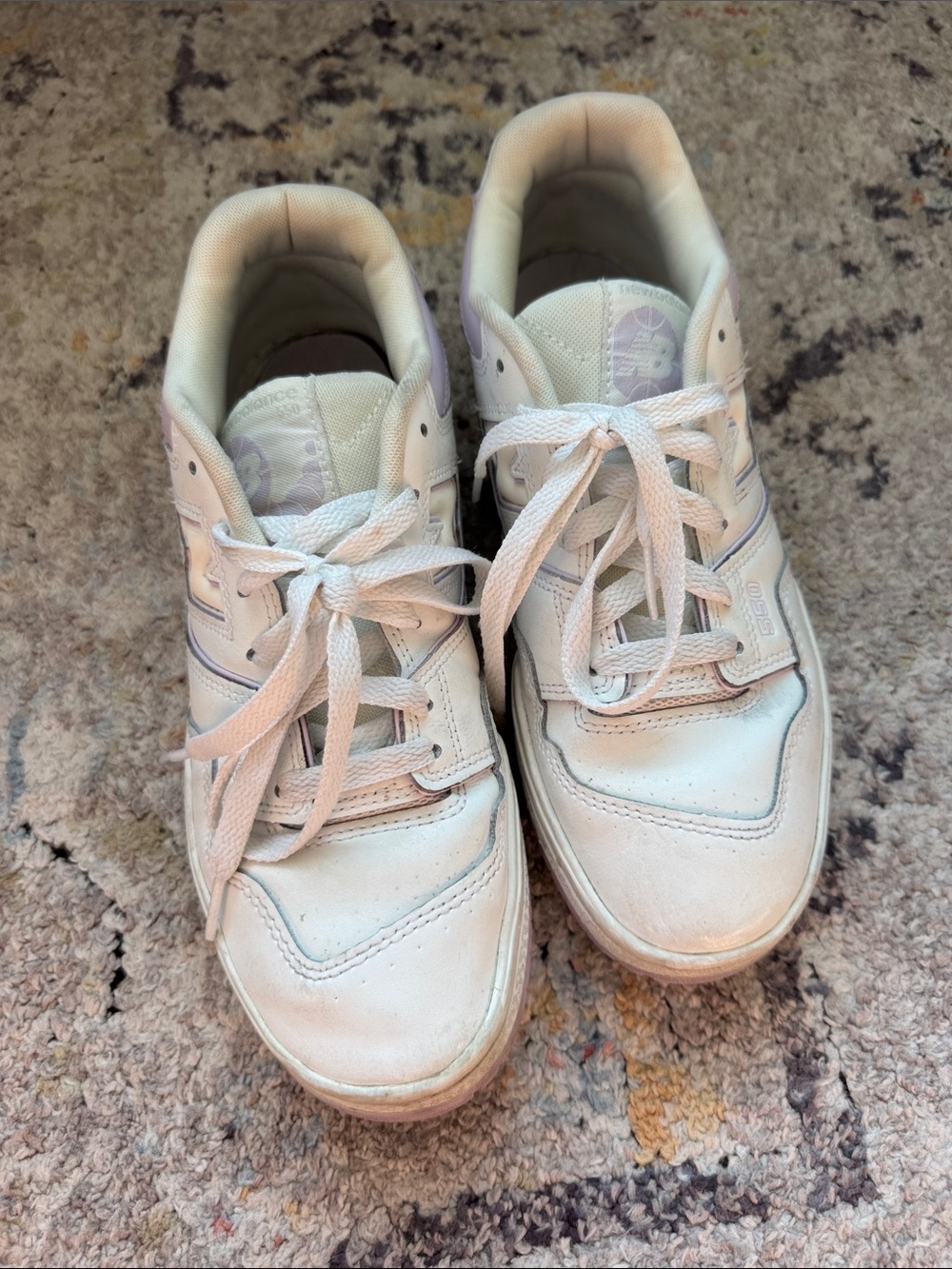 New Balance 550 White Lace-Up Athletic Sneakers with Light Purple Logo